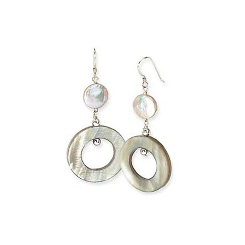 Sterling Silver Coin Pearl and Grey Colored Mother-of-Pearl Dangle Earrings