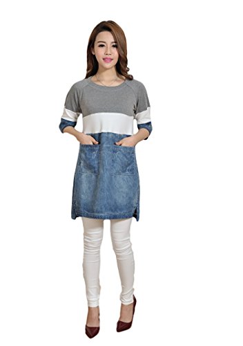 レディース カジュアル ワンピース 春夏物 ブラウス デニム 切り替え 大きいサイズ ロングシャツ ラウンドネック バイカラー 五分袖 かわいいスカーフ付き AT0069