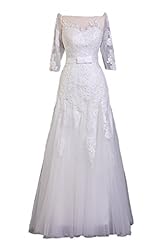 A-line Tulle Floor Length Off the Shoulder Elbow Length Sleeves Lace Sheer Applique Wedding Dress 