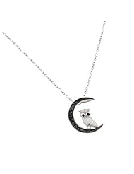 Rhodium Plated 925 Sterling Silver Black & White Cubic Zirconia CZ Owl on Moon Charm Pendant Necklace with 18" inch Link Chain