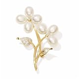 14k Gold Pearl Flower Pin With Diamond Accent Leaves