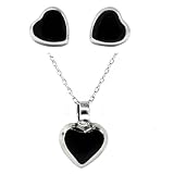 Sterling Silver Onyx Inlay Heart-Shaped Button Earrings and Matching Pendant Set, 16