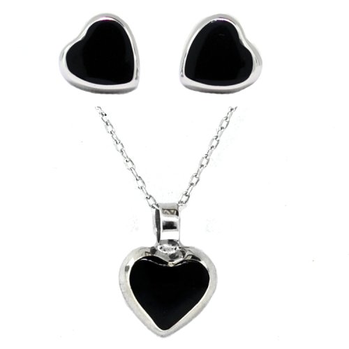 Sterling Silver Onyx Inlay Heart-Shaped Button Earrings and Matching Pendant Set, 16″