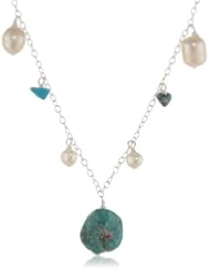 Sterling Silver Chain with Turquoise and Freshwater Cultured Pearl Drops Necklace, 16+3"
