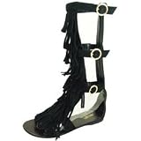 Qupid Resist Black Buckle Fringe Gladiator Sandal