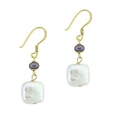 Vermeil (24k Gold over Sterling Silver) Iridescent Square Genuine Freshwater Cultured White Black Coin Pearl Dangle Hook Earrings