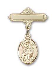 14K Gold Baby Badge with St. Clare of Assisi Charm and Polished Badge Pin