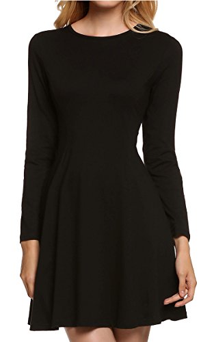 Meaneor Women's Long Sleeve Casual Slim Fit and Flare Round Party Neckline Dress