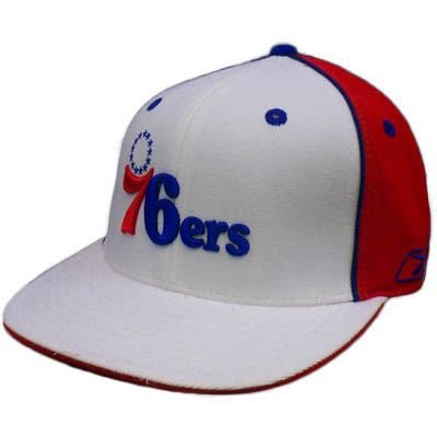 NBA HAT CAP FLAT BILL PHILADELPHIA 76ERS REEBOK FITTED SIZE 7 1/8 WHITE BLUE RED