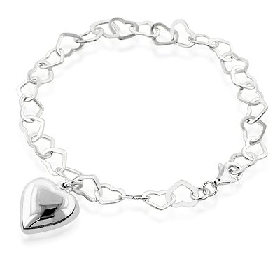 Sterling Silver Heart Link Bracelet with Puffed Heart Charm 7.5