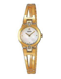 Seiko Watches, Seiko Ladies Gold-Tone 2 Diamond Bangle Style Watch - Mother of Pearl Face, Womens Watches