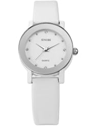 SINOBI Crystal Small Case Girl Lady Women Quartz White Leather Band Wrist Watch SNB037