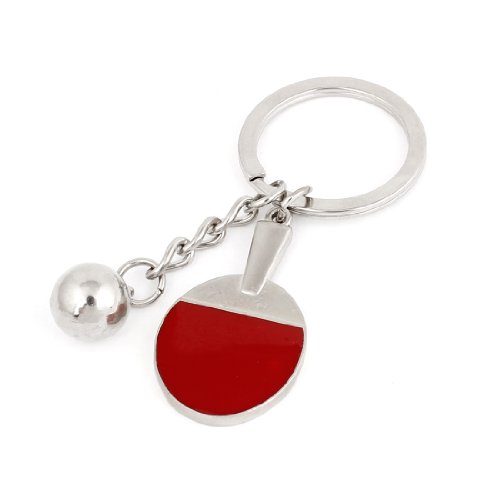 Silver Tone Red Table Tennis Racket Ball Pendant Keychain