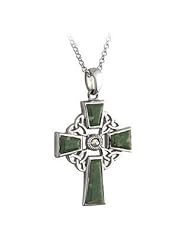 Sterling Silver Irish Celtic Cross Pendant With Inset Connemara Marble