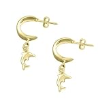 14K Yellow Gold Baby Hoop with Dangling Dolphin Earrings