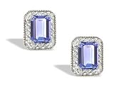 14K White Gold Genuine Emerald-cut Tanzanite and Diamond Earrings