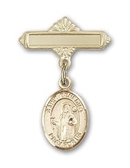 Gold Filled Baby Badge with St. Benedict Charm and Polished Badge Pin