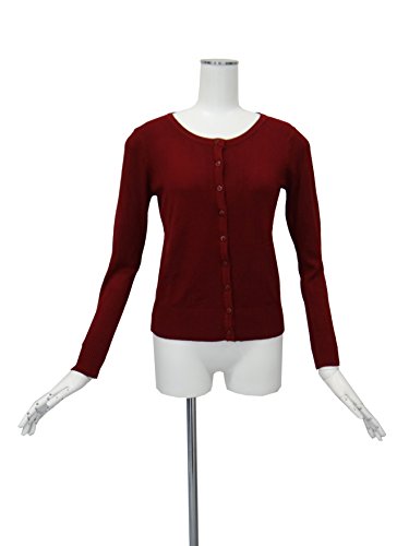 エンジ色 丸首 長袖 カーディガン M