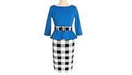 Cotton/Polyester/Spandex 3/4 Sleeves Sheath Knee Length Plaid Print  Dress