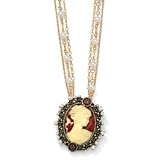 14K Gold-Plate Crystal & Simulated Pearl Cameo Pendant-Necklace Adjustable Length Antiqued - Free magnetic Bracelet