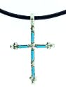 Beautiful! Sterling-silver Zuni Indian Made Needle Point Turquoise Cross Leather Rope Pendant-necklaces