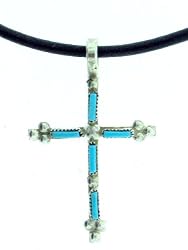 Beautiful! Sterling-silver Zuni Indian Made Needle Point Turquoise Cross Leather Rope Pendant-necklaces