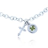 Real Irish Four Leaf Clover, Symbol of Good Luck, Cross and Round Charm Bracelet for Women
