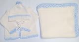 Ck601bk, Knitted on Hand Knitting Machine Ivory Cotton Trimmed By Hand Crochet with Blue Chenille Cardigan Hat and Matching Blanket for Infant Boys