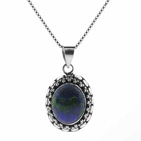 Sterling Silver Bali Bead Genuine Azurite Stone Oval Pendant by Azurite