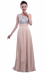 Chiffon Sheath Floor Length One Shoulder Lace-Up Sequined Beaded Prom Dress 