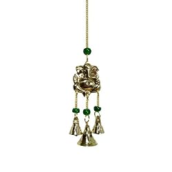 Brass Ganesh Chime With Bells and Beads, 9" Hanging Length