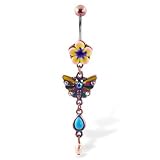 Antique looking belly button ring with flower and dangling butterfly and stones