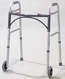 Duro-Med 2-Button Adjustable Aluminum Folding Walker with 5 Inch Wheels, Silver