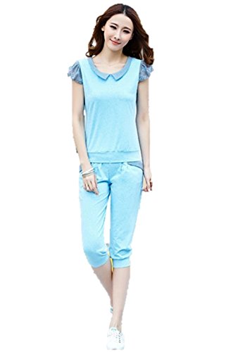 春夏秋 パンツスーツ セットアップ 3色 ツーピース モノグラム柄ステッチ Ｖネック 半袖Tシャツ 七分丈パンツ スポーツレジャースーツ ジャージ スウェット カジュアル クマのぬいぐるみ付き K-3196