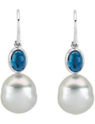 08.00X06.00MM/12.00MM F 14K Yellow Gold South Sea Cultured Pearl Genuine London Blue Topaz Earrings
