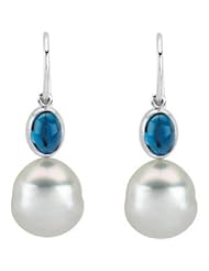 08.00X06.00MM/12.00MM F 14K White Gold South Sea Cultured Pearl Genuine London Blue Topaz Earrings