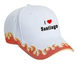 I Love/Heart Santiago Adult White Hat with Red Flames FIRE
