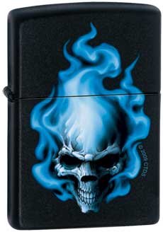 Blue Flaming Skull Deaths Head Zippo Black Lighter