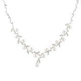 Sterling Silver White Freshwater Cultured Pearl and Cubic Zirconia Floral Necklace, 18