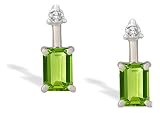 14K White Gold Genuine Emerald-cut Peridot and Diamond Drop Earrings