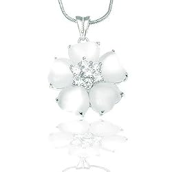 White Cats' Eye Petal-Shaped Stone Flower with CZ Center