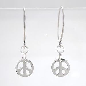Round Peace Sign Dangle Hoop Earrings in Sterling Silver, #8366