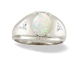 14K White Gold Genuine Oval Opal and Diamond Men's Ring