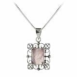 Genuine Rose Quartz Stone Sterling Silver Filigree Rectangle Pendant