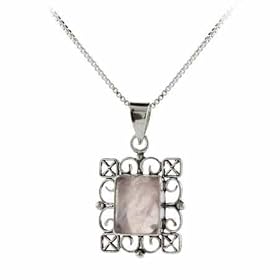 Genuine Rose Quartz Stone Sterling Silver Filigree Rectangle Pendant by SilverSpeck.com
