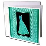 Jaclinart Dress Stripes Damask Ribbons - Teal green dress on black background with striped frame and damask ribbons - Greeting Cards-12 Greeting Cards with envelopes