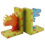 Wooden Dinosaurs Bookends Hand-painted Wood Blue Orange & Green