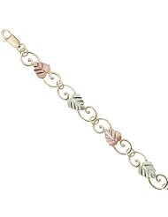 Womens 10k Yellow Gold Filigree Scroll Link Bracelet with 12k Green and Rose Gold in Black Hills Gold Motif, 7.50"
