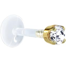 16 Gauge 5/16" Solid 14KT Yellow Gold 3mm Clear Cubic Zirconia Bioplast Tragus Earring Stud