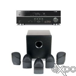 Mirage Nanosat 5.1 Compact Home Theater Speaker System 5 satellite speakers and a powered subwoofer with black brushed aluminum finish and a Yamaha RX-V367 5-Channel Home Theater Receiver Mirage Nanosat 5.1 Compact Home Theater Speaker System 5 satellite speakers and a powered subwoofer with black brushed aluminum finish and a Yamaha RX-V367 5-Channel Home Theater Receiver